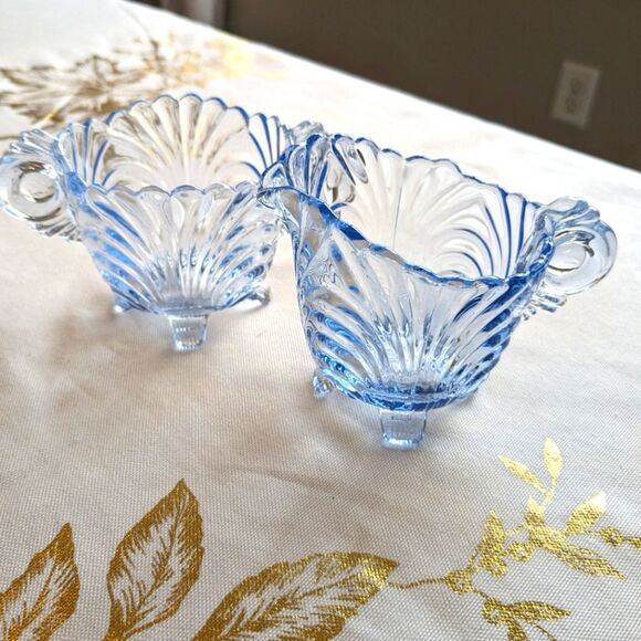 Cambridge Caprice Moonlight Blue Footed Creamer & Sugar Bowl Vtg MidcenturySwirl - Picture 1 of 11